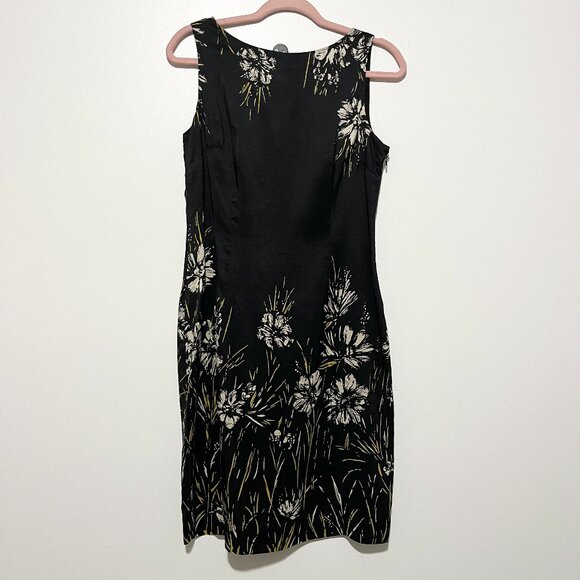 Papell Womens Vintage Silk Sheath Dress Size 8P Black Dark Floral Cocktail 90s - Picture 1 of 8